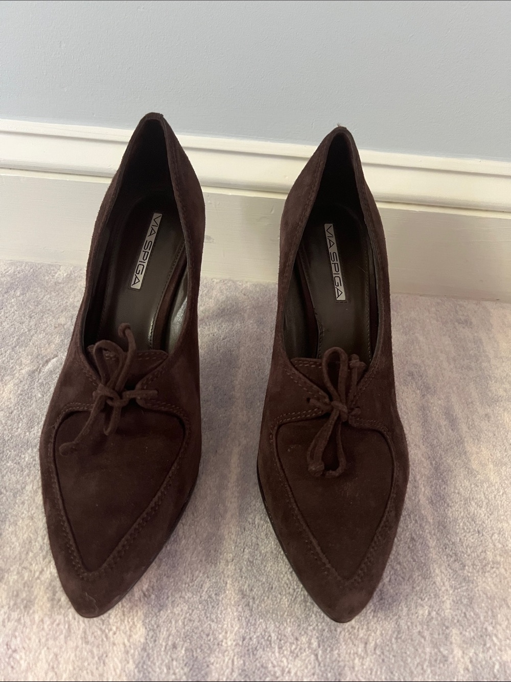 Via Spiga Dark Brown Suede Pointed-Toe Heels with Bow